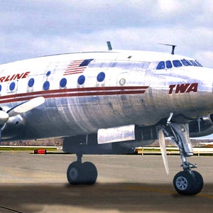 May include: A silver Lockheed Constellation airplane with red and blue stripes and the words "TWA" and "World Airline" on the side. The airplane is on a runway with a cloudy sky in the background.