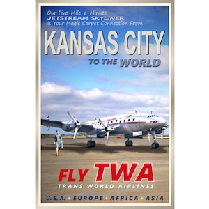 May include: Vintage travel poster advertising TWA (Trans World Airlines) with the slogan "Fly TWA" and the tagline "U.S.A. + Europe + Africa + Asia". The poster features a silver and red TWA Lockheed Constellation airplane on a runway with a woman in a blue dress walking towards it. The poster has a blue sky with white clouds in the background.