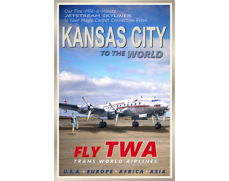 May include: Vintage travel poster advertising TWA (Trans World Airlines) with the slogan "Fly TWA" and the tagline "U.S.A. + Europe + Africa + Asia". The poster features a silver and red TWA Lockheed Constellation airplane on a runway with a woman in a blue dress walking towards it. The poster has a blue sky with white clouds in the background.