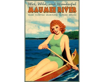 Maumee River Ohio Retro Travel Pin Up Poster Redhead Canoe Bathing Beauty Art Deco Print 243