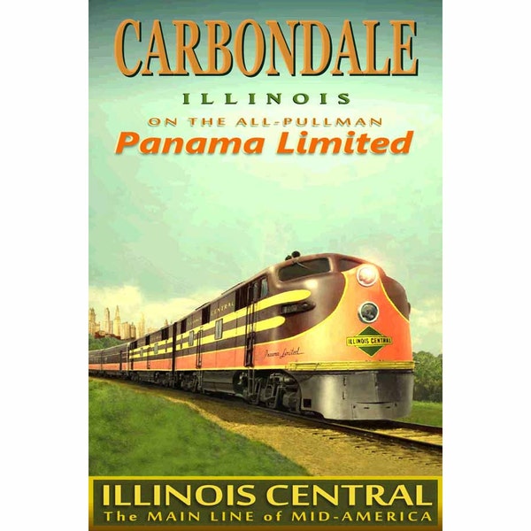 CARBONDALE Illinois Central Railroad PANAMA Limited Poster Original Retro Train Art Print 115