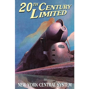 Op de afbeelding: Een vintage reisposter met een zilveren treinlocomotief met de tekst "20th Century Limited" en "New York Central System".