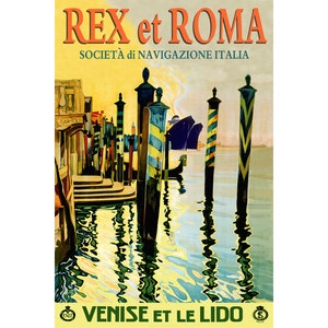 LINES ITALIANOS Rex Roma Venice ITALY -Retro Cartel de Viaje -disponible en 4 tamaños - Ocean Liner Cruise Ship Gondola Canal Art Print - 176