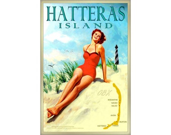 Hatteras Island Outer Banks North Carolina Poster Beach Bathing Beauty Lighthouse OBX Ocean Art Print 091