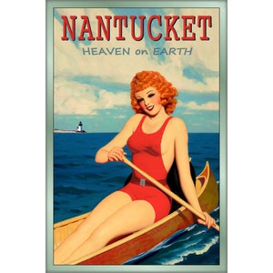 NANTUCKET Massachusetts Redhead Travel Pin Up Cartel - disponible en 4 tamaños - Canoa Turismo Traje de baño Brant Point Art Print 243