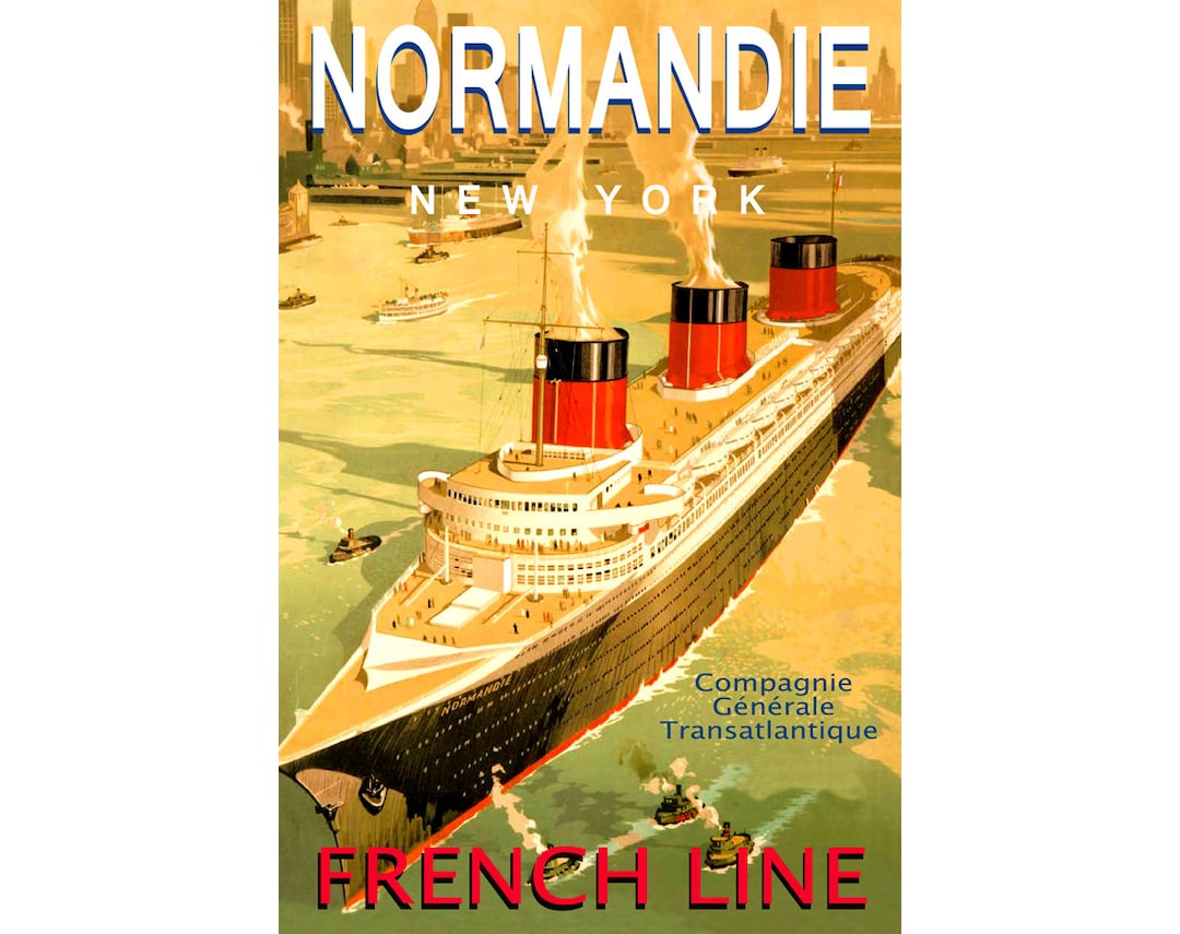 French Lines SS NORMANDIE New Retro Travel New York Harbor Poster