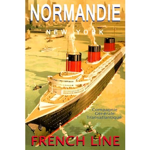 French Lines SS NORMANDIE New Retro Travel New York Harbor Poster Art Deco Print Ocean Liner Steamship Cruise 194