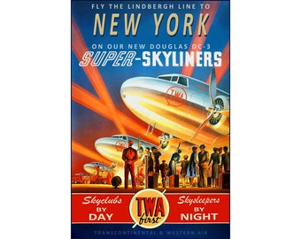 New York Transcontinental & Western Air TWA New Retro DC-3 Super Skyliner Airplane Travel Poster Art Print 396