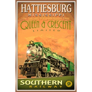 Hattiesburg -QUEEN&CRESCENT Limited Railway Travel Poster New Orleans to Cincinnati Southern Railroad Train-4 sizes-Retro Art Print 228