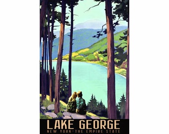 Lake George New York Boy and Girl Travel Poster Roger Broders Adirondacks Art Print 372