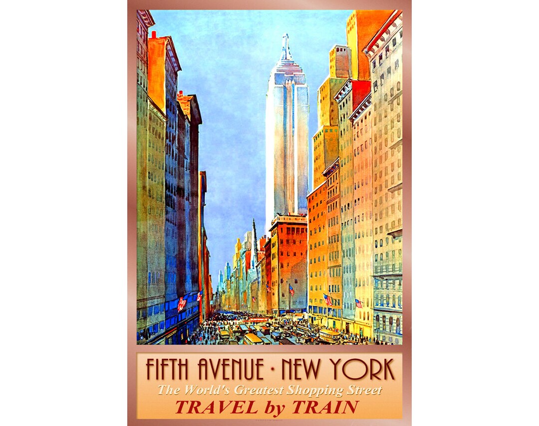 FIFTH AVENUE New York Empire State Building Retro Poster Railroad Train ...
