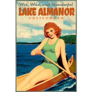 Lake Almanor California Retro Travel Pin Up Poster Redhead Canoe Bathing Beauty Art Deco Print 243