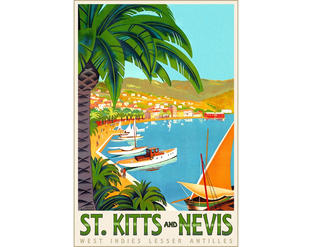 Saint Kitts and Nevis West Indies Caribbean Travel Poster Roger Broders