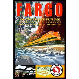 FARGO ND Great Northern Railroad New Train Travel Poster -available in 3 sizes- New Original  Retro Railroad Art Print 048