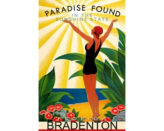Bradenton Florida Travel Poster New Retro Roger Broders Cultural Coast Beach Pin Up Art Deco Print 314