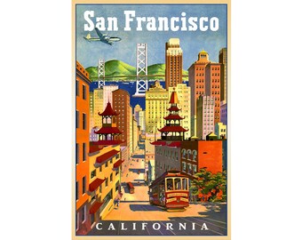 San Francisco California New Retro Tourist Travel Poster Cable Car Oakland Bay Bridge Mid Century Scene Art Print 118
