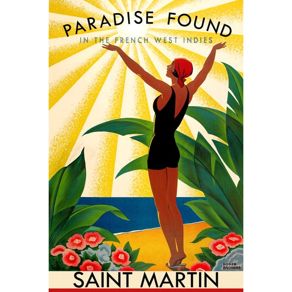 Saint Martin French West Indies Tropical Beach Travel Poster Roger Broders Caribbean Art Print 314