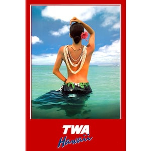 Hawaii TWA Trans World Airlines Travel Poster Nuevo Retro Bareback Beach Beauty Pin Up Travel Art Print 394