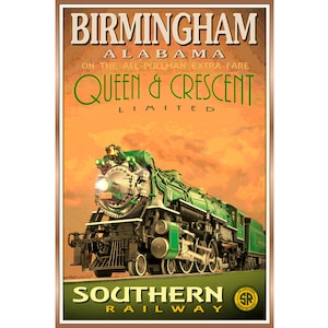 Birmingham Alabama QUEEN & CRESCENT Limited Railway Travel Poster New Orleans to Cincinnati Southern Railroad Train Retro Art Print 228