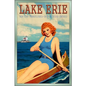 LAKE ERIE Retro Deco Travel Pin Up Poster New York Pennsylvania Ohio Ontario Bad Beauty Great Lakes Redhead Kano Art Print 243