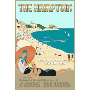The Hamptons Long Island New York Beach Shore Retro Art Deco Travel Poster Atlantic Ocean High Society Print 341