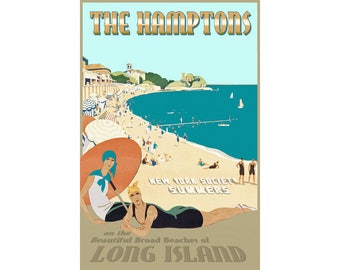 The Hamptons Long Island New York Beach Shore Retro Art Deco Travel Poster Atlantic Ocean High Society Print 341