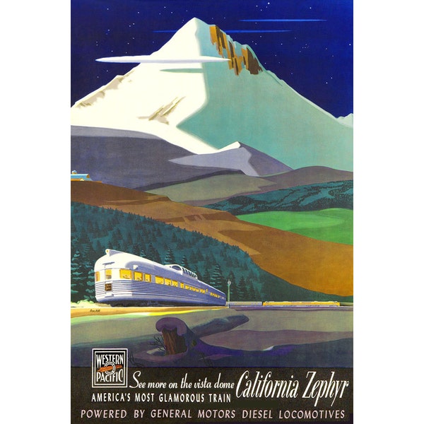 California Zephyr Western Pacific Railroad Vista Dome Train Travel Poster Art Print Bern Hill Reproduction 323