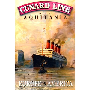 RMS Aquitania CUNARD LINES Original Retro Ship Poster Ocean Liner Europe New York Travel Art Print 198
