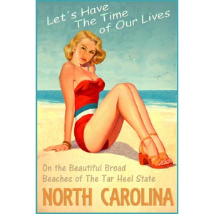 North Carolina Beach Beauty Pin Up Poster Tar Heel State Atlantic Coast Shore Ocean Art Print 296