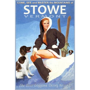 Stowe Vermont Neve Esqui Esportes de Inverno Cartaz de Viagem Brittany Spaniels Montanhas Verdes Impressão Artística 328
