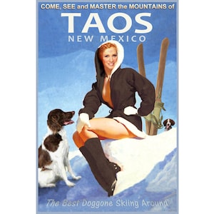 Taos Novo México Neve Esqui Esportes de Inverno Cartaz de Viagem Brittany Spaniels Sangre de Cristo Montanhas Impressão Artística 328