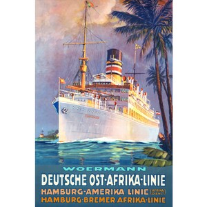May include: A vintage travel poster advertising the Woermann Deutsche Ost-Afrika-Linie, Hamburg-Amerika Linie, and Hamburg-Bremer Afrika-Linie. The poster features a large white passenger ship sailing through a tropical ocean with palm trees in the background.
