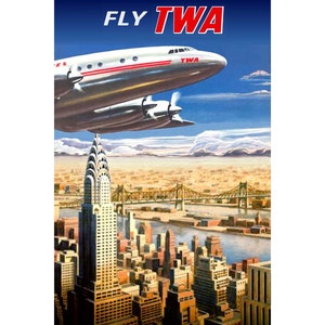 Fly TWA Trans World Airlines Chrysler Building New Original Retro Poster Constellation Airplane Travel Art Print 368