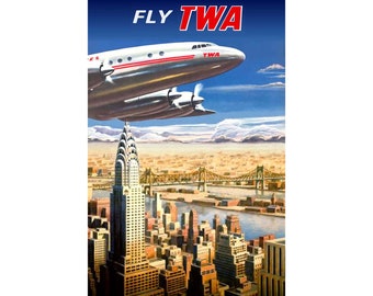 Fly TWA Trans World Airlines Chrysler Building New Original Retro Poster Constellation Airplane Travel Art Print 368