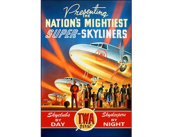 May include: A vintage travel poster advertising TWA airlines. The poster features a silver aeroplane with red and orange beams of light behind it. The text on the poster reads "Presenting the Nation's Mightiest Super-Skyliners" and "Skyclubs by Day TWA first Skysleepers by Night".