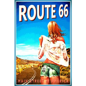 ROUTE 66 Arizona New Mexico California New Retro Poster Southwest Highway Pinup Daisy Dukes Blonde-available in 4 sizes- Road Art Print 159