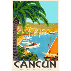 Cancún México Tropical Beach Travel Poster Roger Broders Repro Caribbean Art Print 313