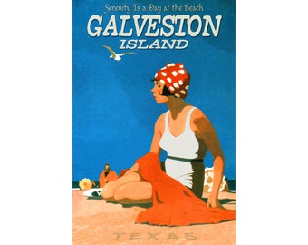 May include: Vintage travel poster advertising Galveston Island, Texas. The poster features a woman in a red and white polka dot bathing cap and a white swimsuit sitting on a beach with a blue sky and seagulls in the background. The text on the poster reads "Serenity Is a Day at the Beach GALVESTON ISLAND TEXAS".