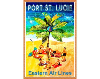 Port St Lucie Florida Eastern Air Lines New Sunshine State Travel Poster Beach Palm Tree Ocean Art Print 278