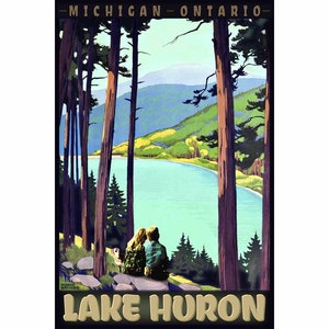LAKE Huron Retro Roger Broders Travel Poster Michigan Ontario Boy Girl Dog Great Lakes Art Deco Print 372