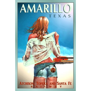 AMARILLO Texas Santa Fe Ferrocarril Nuevo Original Cartel Retro Tren Turismo de Viajes Pin Up Art Print 099