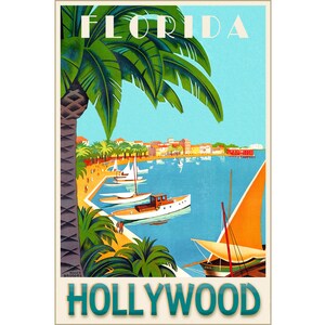 Hollywood Florida Broward County Cartel de viaje Atlantic Gold Coast Roger Broders Art Repro Print 313