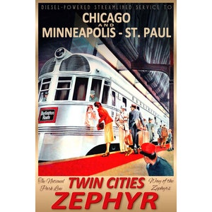 May include: Vintage travel poster advertising the Twin Cities Zephyr, a diesel-powered streamlined train service between Chicago and Minneapolis-St. Paul. The poster features a silver train with red accents, a red carpet, and people boarding the train.