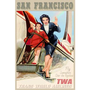 TWA Trans World Airlines San Francisco California New Retro Mid-Century Style Travel Poster Judy Garland Liza Minnelli Toto Art Print 354
