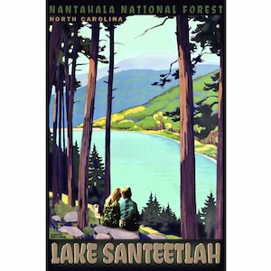 Lake Santeetlah Retro Roger Broders Travel Poster North Carolina Boy Girl Dog Nantahala Forest Art Deco Print 372