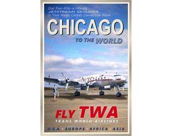 Chicago Illinois TWA Airlines New Original Retro Poster Lockheed Constellation Airplane Travel Tourism Art Print 095