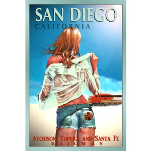 SAN DIEGO California Santa Fe Ferrocarril Original Cartel Nuevo Tren Turismo de Viaje Pin Up Art Imprimir 099