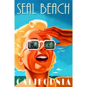 Siegel Strand Kalifornien Reise Poster Retro Art Deco - erhältlich in 4 Größen - Orange County Pacific Ocean Sea Shore Print 289