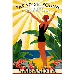 Sarasota Florida Travel Poster Nuevo Retro Roger Broders Cultural Coast Beach Pin Up Art Déco Print 314