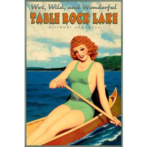 Table Rock Lake Missouri Arkansas Retro Travel Pin Up Poster Redhead Canoe Bathing Beauty Art Deco Print 243